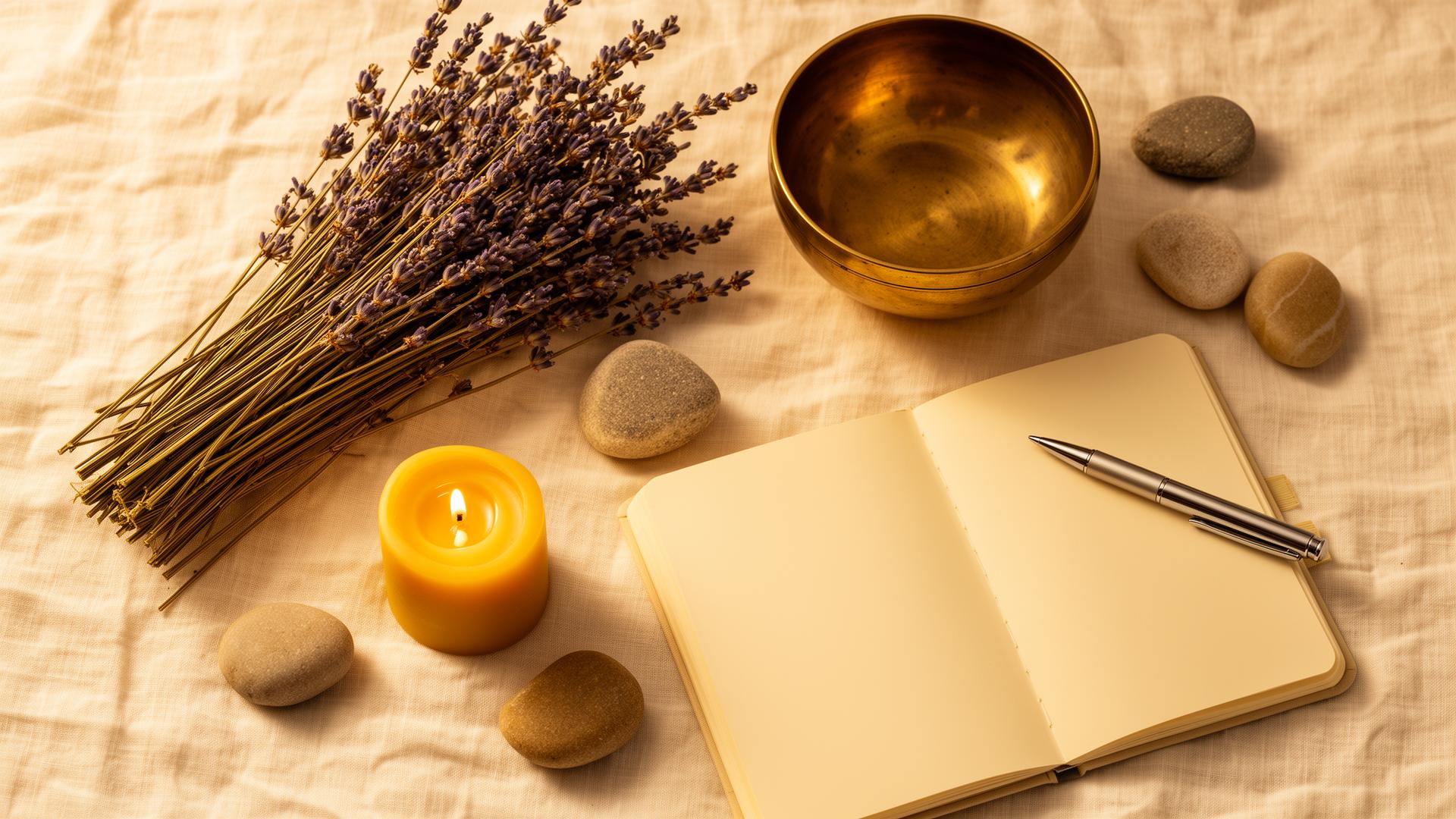 Singing bowl, lavender, candle and journal — a holistic healing flat lay